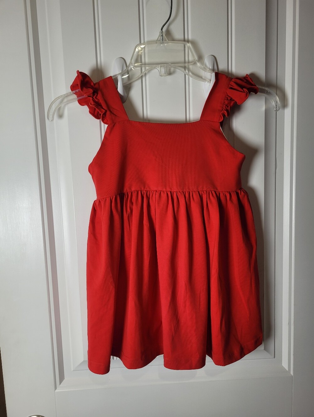 Emma Blake Red Girls Ruffle Strap Smock with blue and white bow on back Size 5